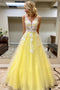 A-line V Neck Tulle Long Prom Dress With Appliques, Yellow Gradution Gown MG157