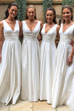 Elegant Ivory Satin Floor Length Bridesmaid Dresses With Lace PB199