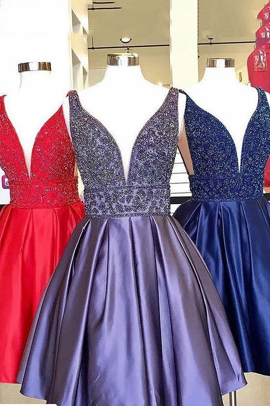 royal blue homecoming dress plunging neck beaded short prom dresses