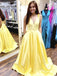 A line v neck long yellow prom dress with flower straps, formal evening dresses mg187