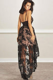 black hi lo lace prom dress with applique black party dress