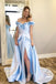a line off the shoulder floral light blue long prom dress with split