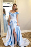 a line off the shoulder floral light blue long prom dress with split