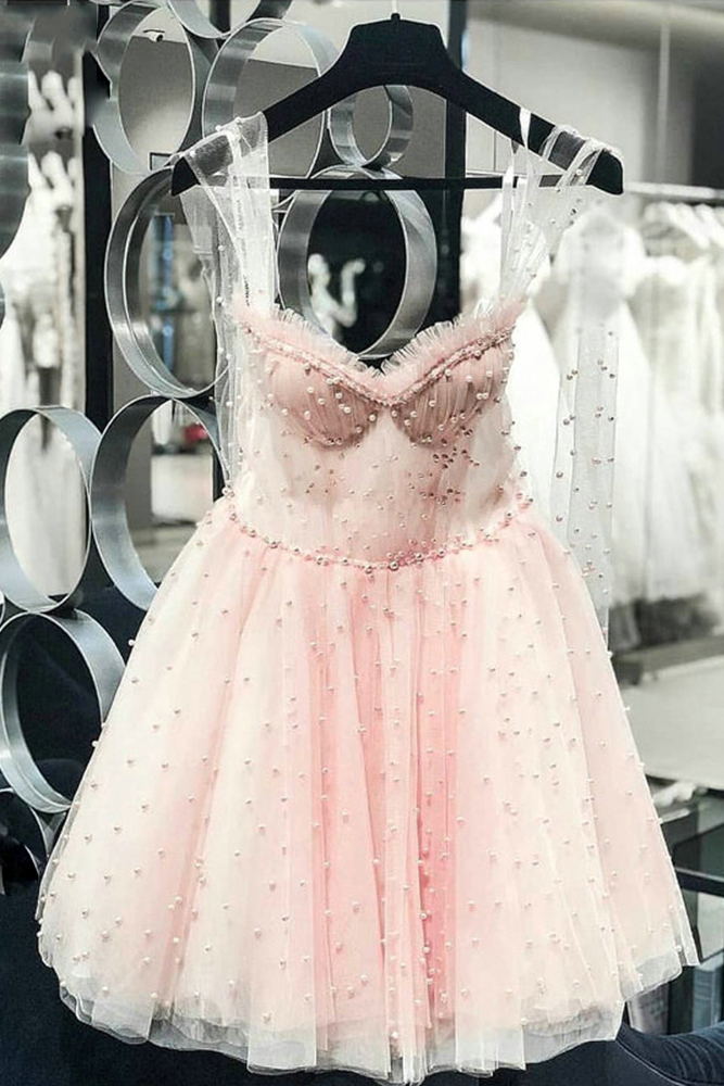 pink pearls homecoming dresses illusion bodice tulle short sweet 16 dresses