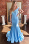 Blue Satin Long Prom Dresses V-neck Mermaid Formal Dress MG19