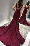 sparkly mermaid burgundy prom dresses v neck backless evening gown