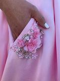 Satin pink prom dress with appliques pockets, long formal evening dresses mg14