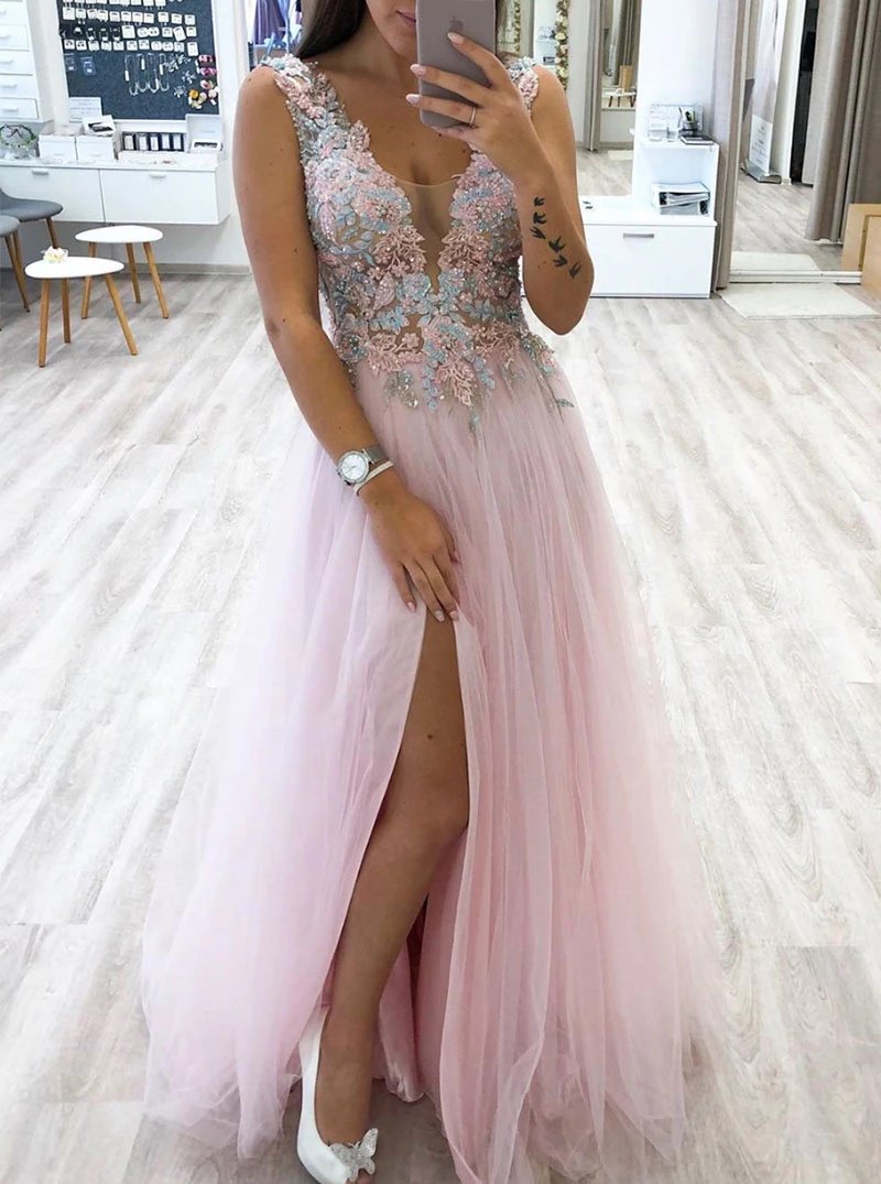 A-line V-neck Tulle Long Prom Dress, Slit Evening Dress With Appliques MP156