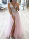 A-line V-neck Tulle Long Prom Dress, Slit Evening Dress With Appliques MP156