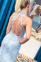 High Neck Beaded Mermaid Light Sky Blue Short Prom Lace Homecoming Dresses GM342