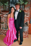Hot Pink Satin Mermaid Prom Dresses Long Evening Gowns With Tiered GP352