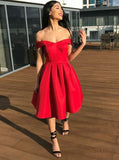 elegant off the shoulder pleated red satin short prom dress