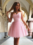 cute pink a line sweetheart short tulle homecoming party dress