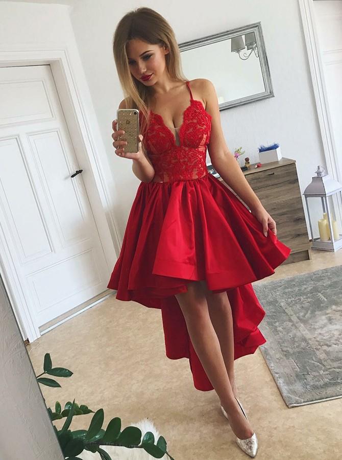 spaghetti straps v neck lace bodice asymmetry red satin prom dress