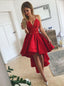 Spaghetti Straps V-neck Lace Bodice Asymmetry Red Satin Prom Dress MP1099