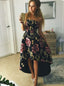 Strapless High-Low Floral Print Black Satin Prom Homecoming Dress MP1100