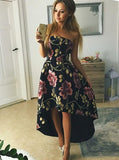 strapless high low floral print black satin prom dress