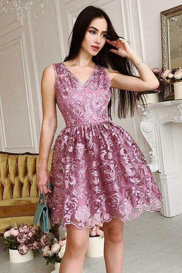 Vintage Lace Short Homecoming Dresses, A-line V-neck Short Prom Dress GM109