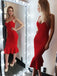 spaghetti straps red satin short bodycon party dress with ruffles