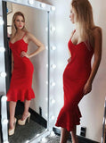 spaghetti straps red satin short bodycon party dress with ruffles