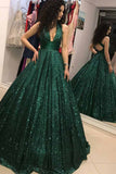Sparkly Sequins Ball Gown Dark Green V-neck Prom Dress MP339