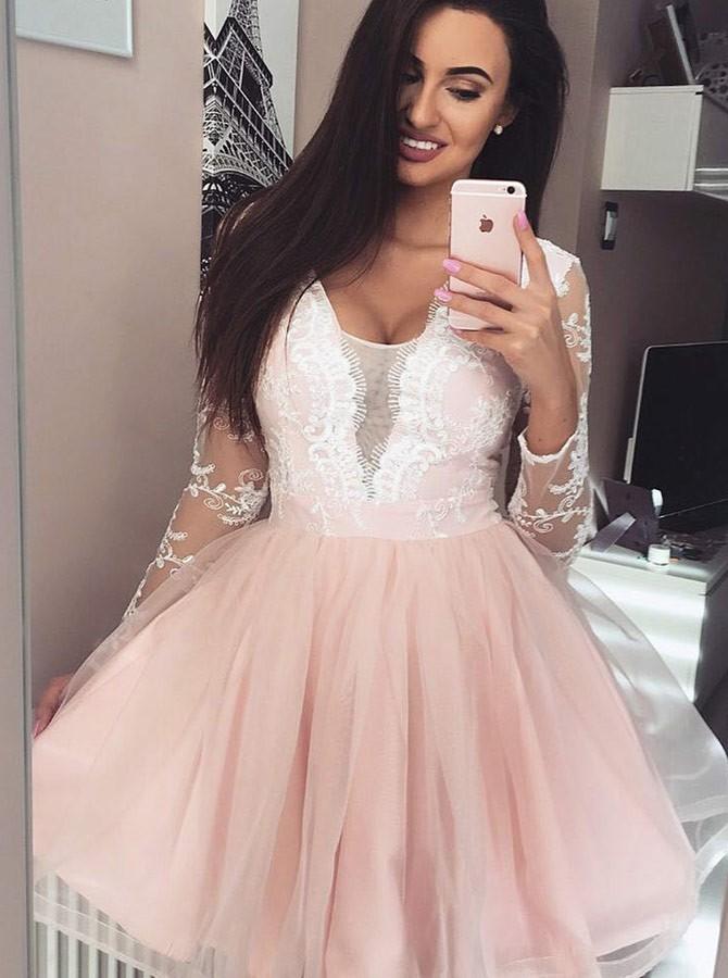 long sleeves lace appliques tulle plunge neck short prom dress