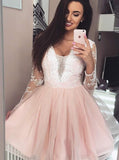 long sleeves lace appliques tulle plunge neck short prom dress