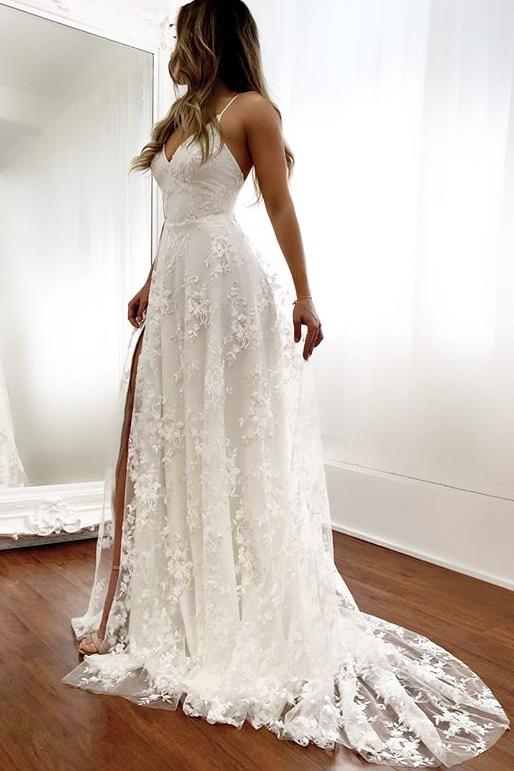 Lace Beach Wedding Dresses V-neck Backless Bridal Gown With Split PW158