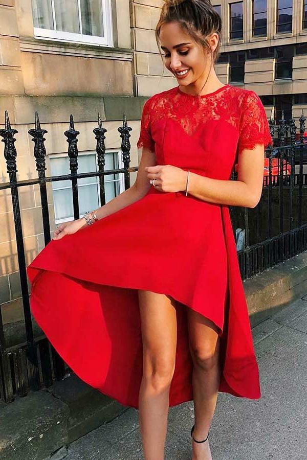 Jewel Lace Short Sleeves Red Homecoming Dresses High Low Prom Dress GM110