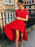 Jewel Lace Short Sleeves Red Homecoming Dresses High Low Prom Dress GM110