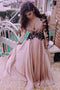 A-line V-Neck Long Sleeve Chiffon Prom Dresses With Black Lace GP79