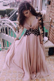 a line v neck long sleeve chiffon prom dresses with black lace