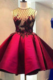 see through red homecoming dress satin short party dress with beading