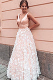 A-Line V-Neck Sleeveless Floor Length Prom Dresses With Applique GP84