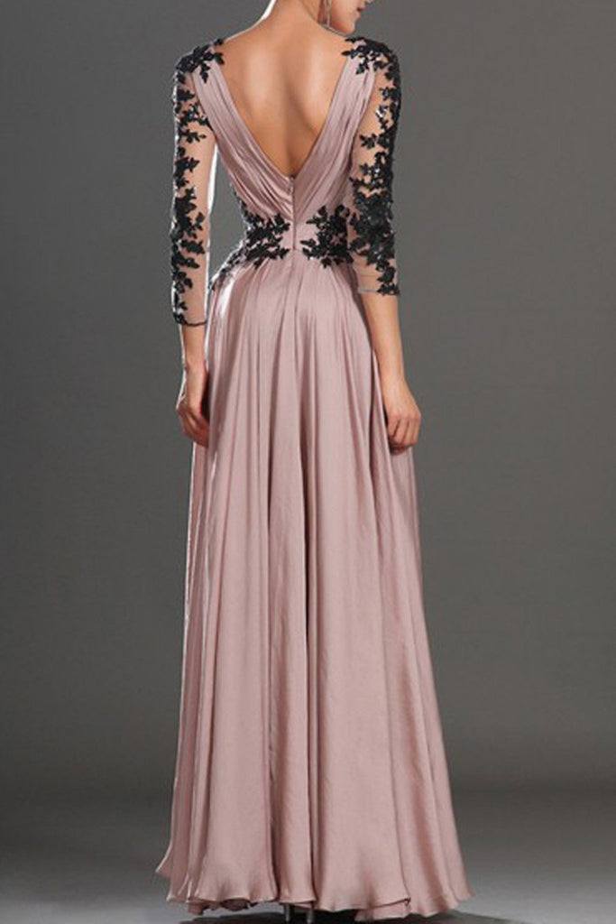 a line v neck long sleeve chiffon prom dresses with black lace