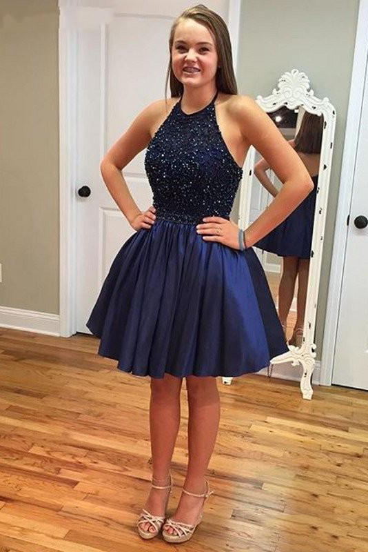 halter satin short homecoming dress royal blue homecoming dress with beads