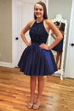 Halter Satin Short Homecoming Dress, Royal Blue Homecoming Dress with Beads GM350