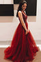 Beading Tulle Burgundy Prom Dresses, V-neck A-line Graduation Gown MP1209