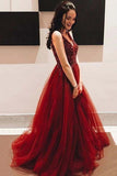 beading tulle burgundy prom dresses v neck a line graduation gown