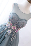 Illusion Round Neckline Grey Tulle Homecoming Dresses With Appliques GM12