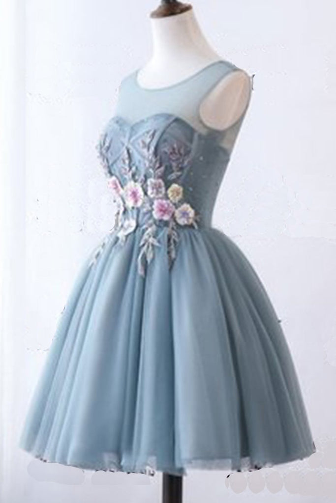 Illusion Round Neckline Grey Tulle Homecoming Dresses With Appliques GM12