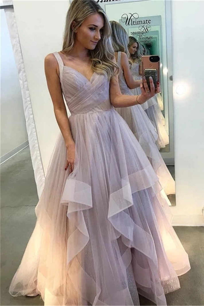 a line long prom dresses lavender tiered tulle sleeveless evening gown