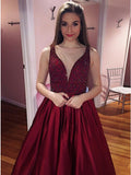 burgundy prom dress long v neck beading formal evening gown