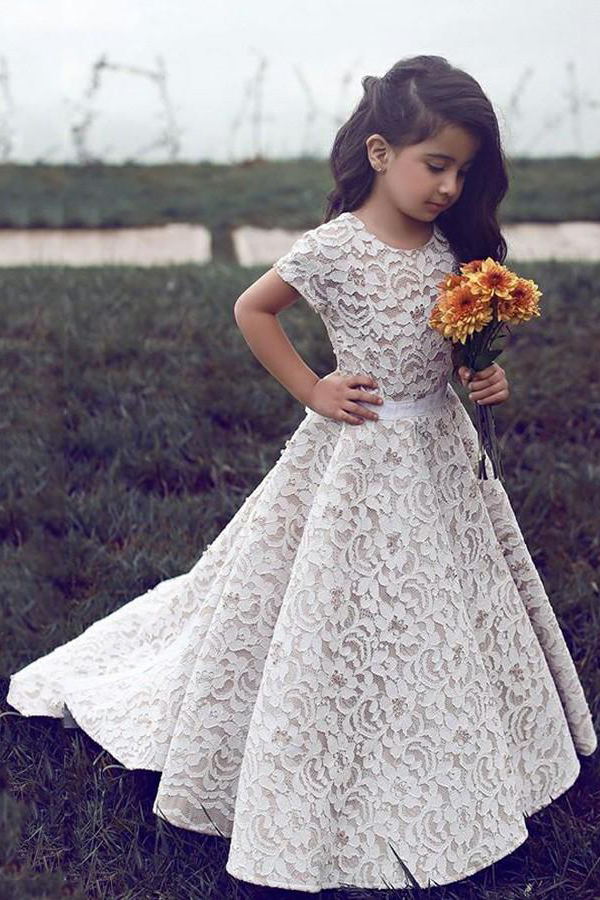 round neck short sleeves lace flower girl dress with sash pf109