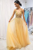 Yellow Sequin Beaded Long Prom Dress, Tulle V-neck Graduation Dress MP121