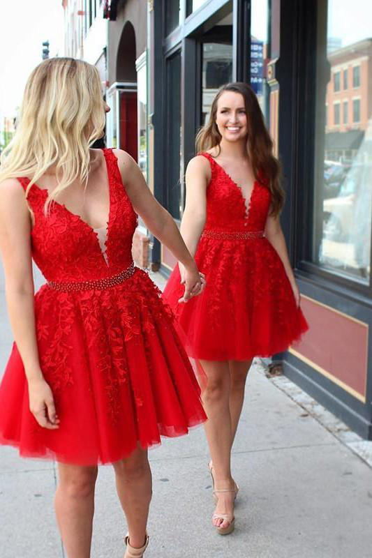 chic a line tulle applique short prom dress v back homecoming party dress