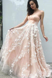 Elegant Sweetheart Blush Pink Tulle Long Prom Dresses with Appliques MP264