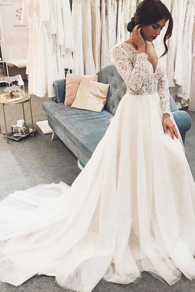 modest ivory v neck lace wedding dress with long sleeve