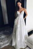 Boho Lace Appliques Wedding Dress, Spaghetti Straps Beach Wedding Dress PW281