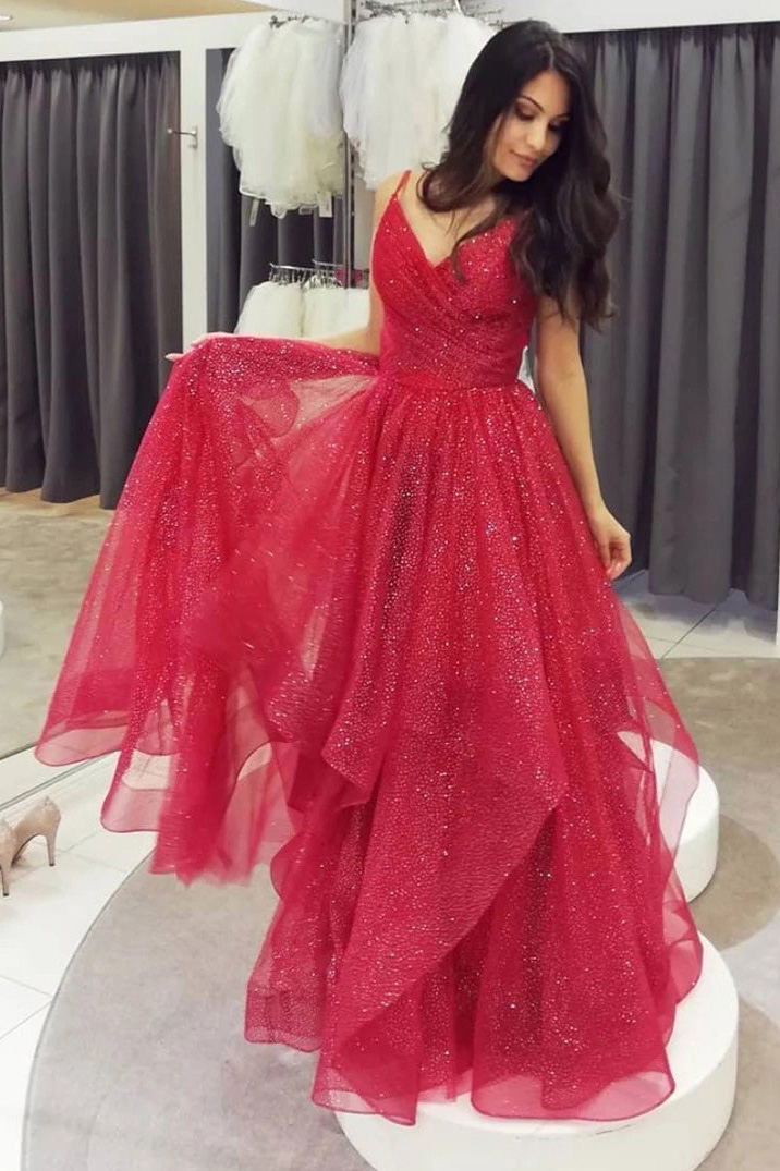 Sparkly Red V-neck Tulle Long Prom Dresses, Formal Evening Dress MP117